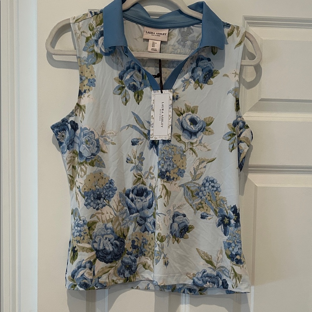 Laura Ashley Blue and Cream Floral Golf & Tennis Sleeveless Top